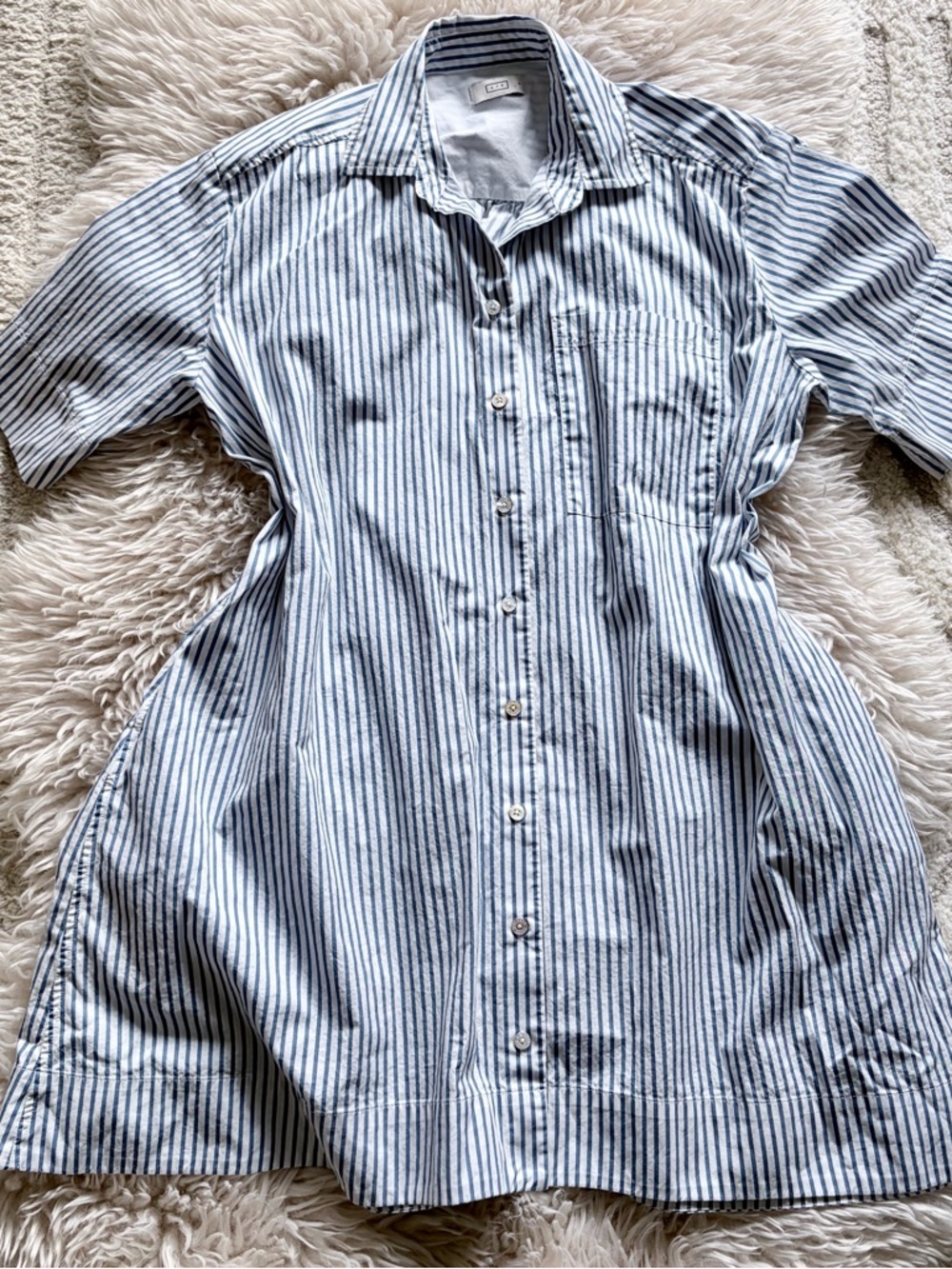 AYR Blue and White Striped Short Sleeve Midi Shirt Dress